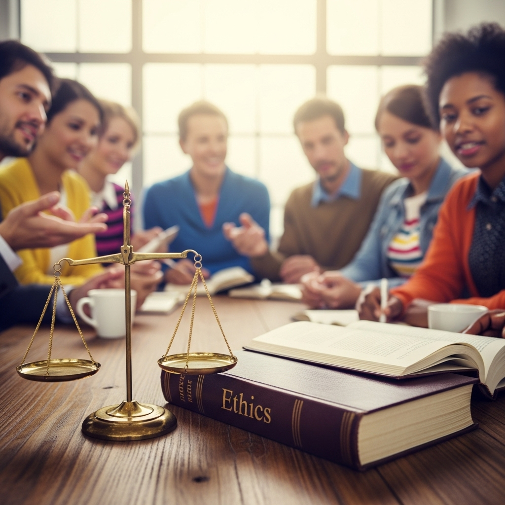 Image of people discussing ethics and justice around a table